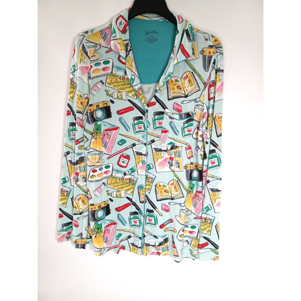 Nick & Nora Pajama Top Womens Medium Artist Camera Paint Crafts Button Up